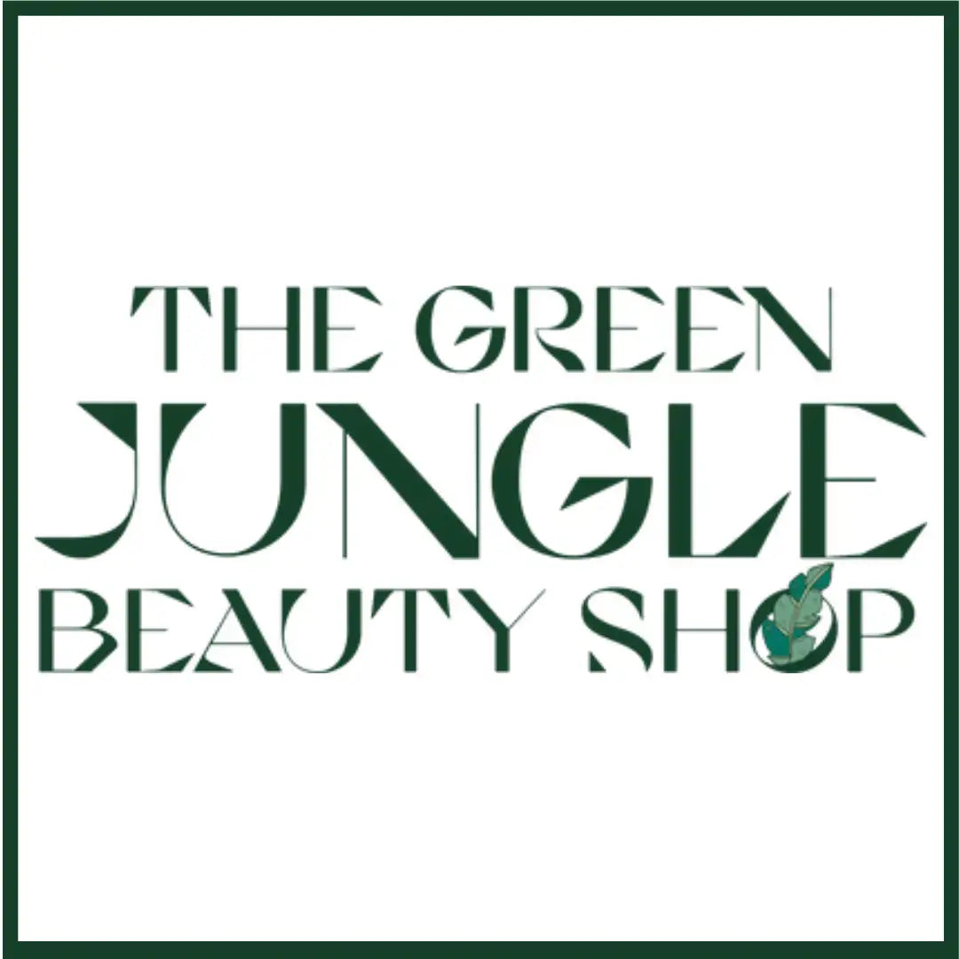 The green jungle beauty shop logo, featuring dark green stylized text with a leaf emblem integrated into the word ’shop.’